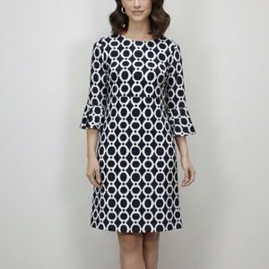 Jude Connally Navy Blue Geo 3/4 Bell Sleeve Lyla Dress Size SMALL